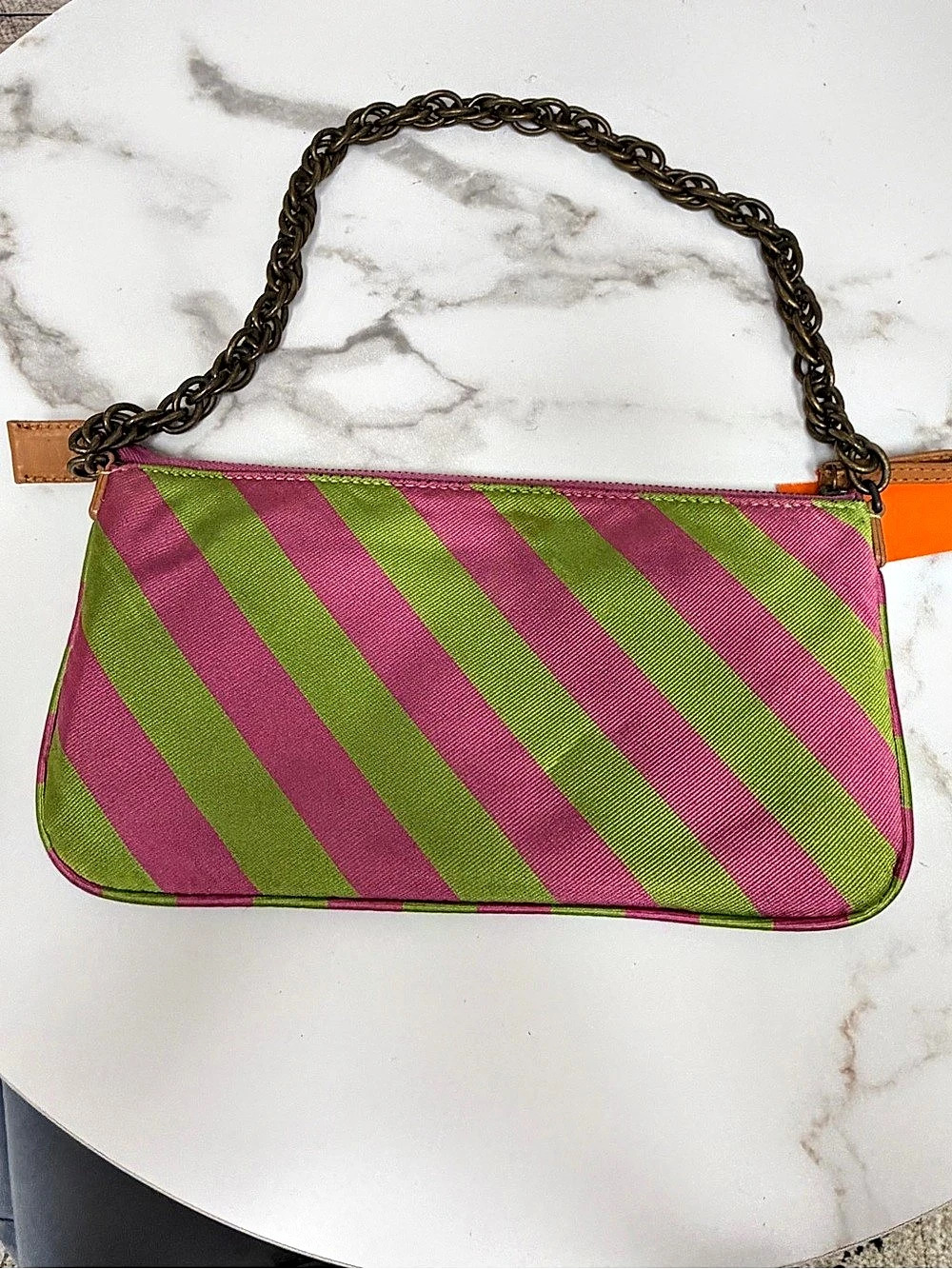 J Crew pink/green stripe with chain purse OS